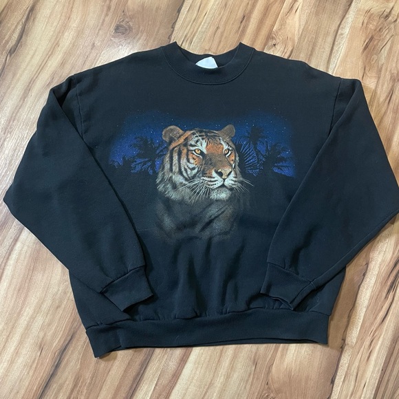 Rare Vintage 90s Tiger Graphic Sweatshirt - Night Nature. Double side Scene Sz L - Picture 3 of 10